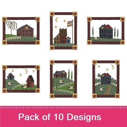 Country Homestead Embroidery Designs Bundle – Red Barn Scene, Farmhouse with Moon, Countryside Landscape & More (10 Designs)