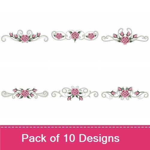 Floral Rose Embroidery Designs Bundle – Rose Flourish with Pink Roses, Rose Border with Pink Flowers & More (10 Designs)
