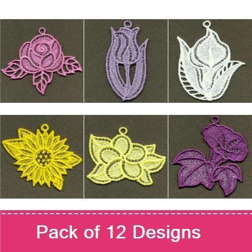 FSL Floral Lace Embroidery Designs Bundle – Pink Rose, Tulip, Sunflower & More (12 Designs)