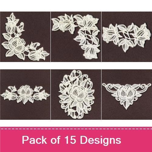 FSL Elegant Floral Lace Embroidery Designs Bundle – Floral Lace Ornament, Rose Lace Decoration, Lace Bouquet Design & More (15 Designs)