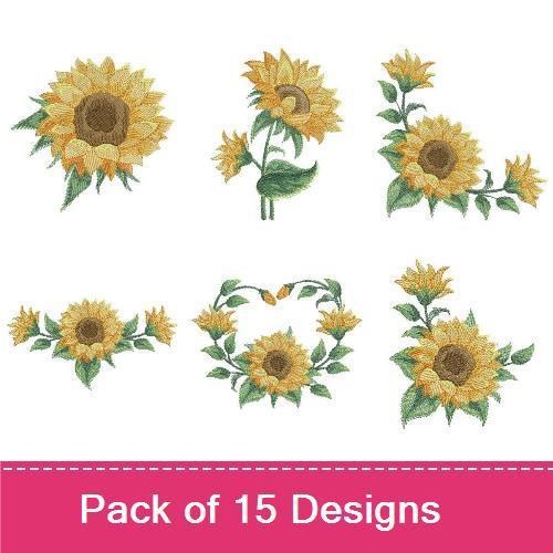 Sunflower Embroidery Designs Bundle – Sunflower Bouquet, Single Sunflower, Sunflower Wreath & More (15 Designs)
