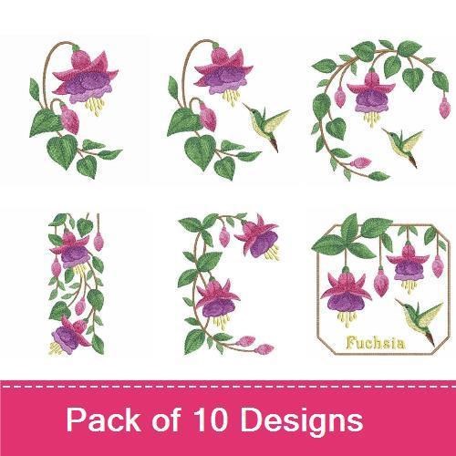 Fuchsia Flower Embroidery Designs Bundle – Fuchsia Flower Cluster, Fuchsia Blossom, Fuchsia Border & More (10 Designs)