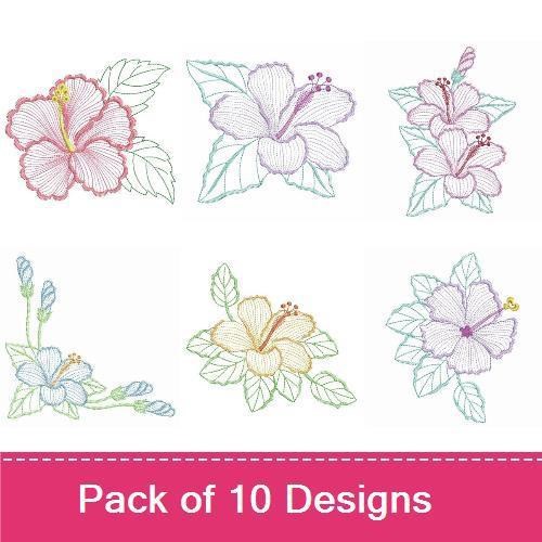 Hibiscus Flower Embroidery Designs Bundle – Delicate Hibiscus Flower, Blue Hibiscus, Hibiscus with Leaves & More (10 Designs)