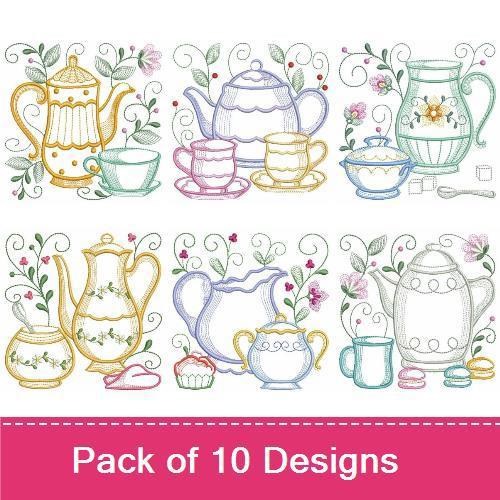 Rippled Vintage Tea Time Embroidery Bundle – Teapot with Cup, Cup and Saucer, Floral Teapot & More (10 Designs)