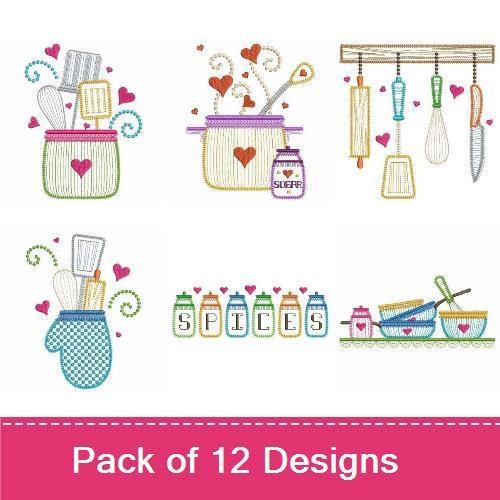 Kitchen Tools & Quotes Embroidery Designs Bundle – Stand Mixer, Mixing Bowl, Cooking Quote 1 & More (12 Designs)