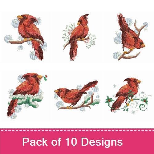 Cardinal Winter Birds Embroidery Bundle – Cardinal on Holly, Cardinal with Berries, Two Cardinals on Branch & More (10 Designs)