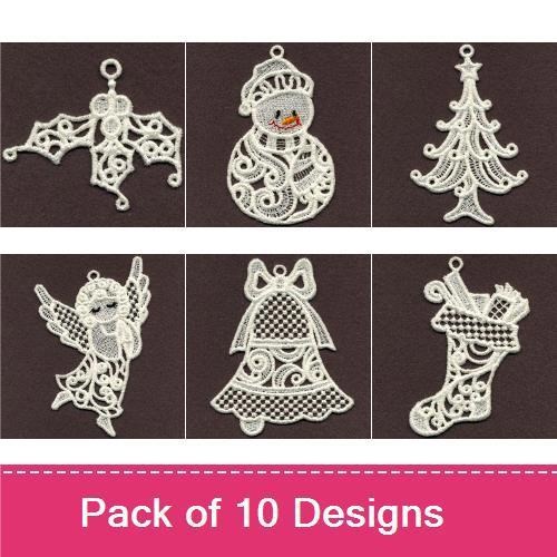 FSL Vintage White Christmas Ornament Embroidery Bundle – Christmas Tree, Snowman, Angel & More (10 Designs)