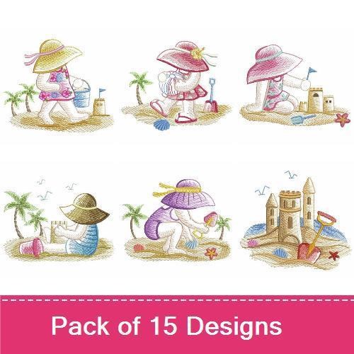 Beach-Themed Children Activities Embroidery Designs Bundle – Child with Beach Hat, Making Sandcastle, Relaxing on Towel & More (15 Designs)