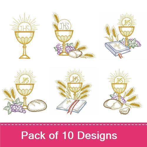 Holy Communion Embroidery Designs Bundle – Chalice, Host, Bible, Grapes & More (10 Designs)