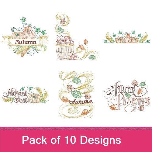 Autumn Harvest Embroidery Bundle – Pumpkin with Corn, Harvest Basket, Acorn with Leaves & More (10 Designs)