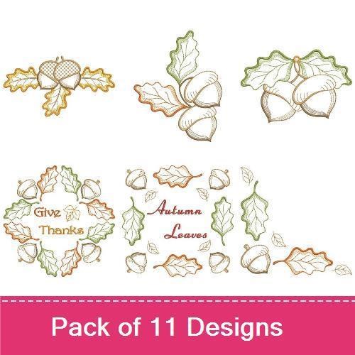 Autumn Acorns & Leaves Embroidery Designs Bundle – Acorn with Leaf, Thankful Phrase, Leaf Border Design & More (11 Designs)