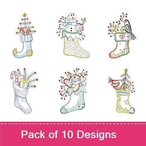 Christmas Stockings Embroidery Designs Bundle – Tree, Snowman, Candy Canes & More (10 Designs)