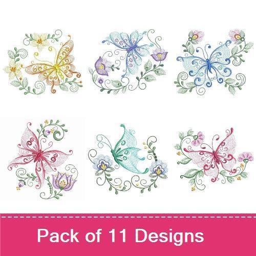 Rippled Elegant Butterfly Floral Embroidery Bundle – Elegant Butterfly with Pink Flowers, Floral Butterfly on Vine & More (11 Designs)