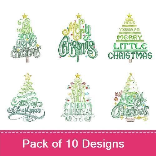 Christmas Tree Embroidery Designs Bundle – Merry Christmas Tree, Joyful Christmas Tree, Let It Snow & More (10 Designs)