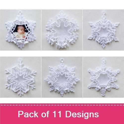 FSL Elegant Snowflake Ornaments Embroidery Bundle – Photo Frame Ornament, Snowflake Ornament 1, Snowflake Ornament 2 & More (11 Designs)