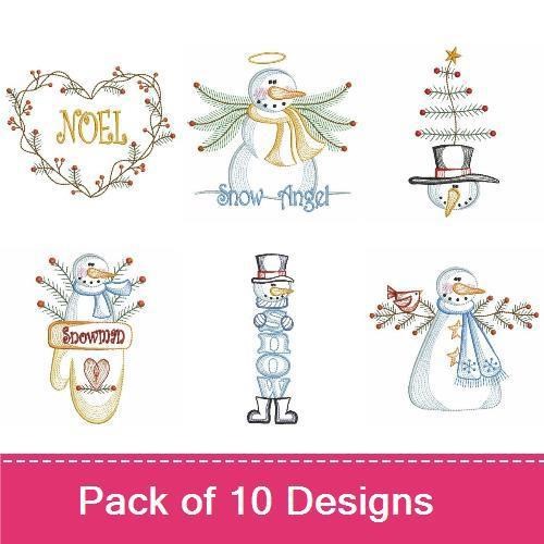 Rippled Charming Snowman Embroidery Designs Bundle – Snow Angel, Snowman with Scarf, Snowman with Tree & More (10 Designs)