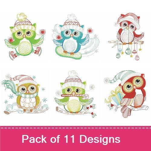 Rippled Christmas Owls Embroidery Bundle – Santa Owl, Owl with Christmas Lights, Owl with Snowman & More (11 Designs)