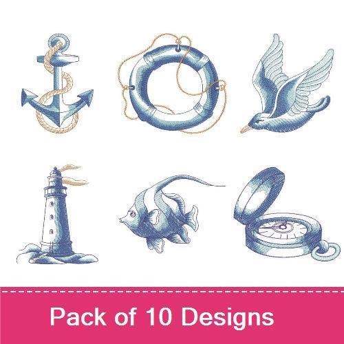 Nautical Embroidery Designs Bundle – Anchor, Lifebuoy, Seagull, Ship's Wheel & More (10 Designs)