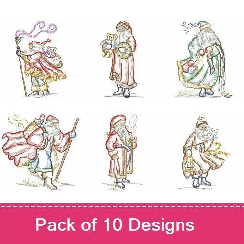 Rippled Whimsical Santa Claus Embroidery Bundle – Santa with Gifts, Santa with Tree, Santa with Scroll & More (10 Designs)