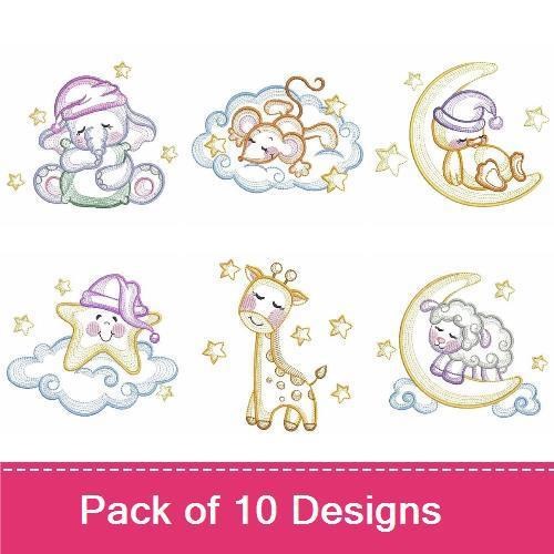 Sleepy Animals Embroidery Designs Bundle – Sleeping Bear, Sleepy Elephant, Cuddly Giraffe & More (10 Designs)