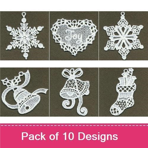 FSL Vintage White Christmas Ornaments Embroidery Designs Bundle – Gift Box, Candle, Wreath & More (10 Designs)