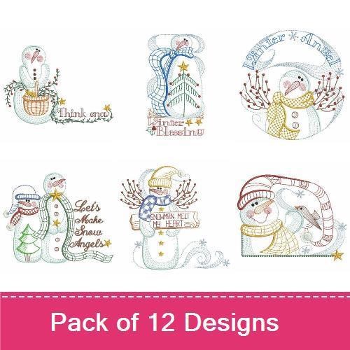 Snowman Embroidery Designs Bundle – Snowman with Tree, Snowman with Scarf, Let's Make Snow Angels & More (12 Designs)