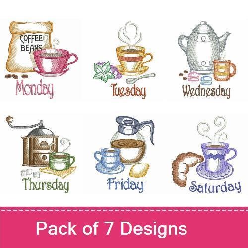 Coffee-Themed Embroidery Designs Bundle – Monday Coffee Cup, Tuesday Coffee Cup, Wednesday Coffee Pot & More (7 Designs)