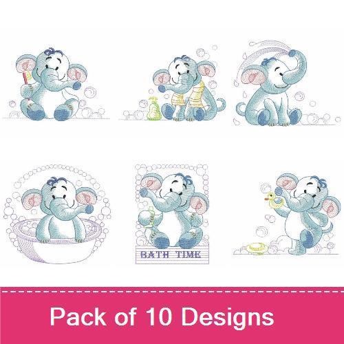 Cute Elephants in Bath Embroidery Bundle – Elephant in Bathtub, Elephant with Rubber Duck & More (10 Designs)