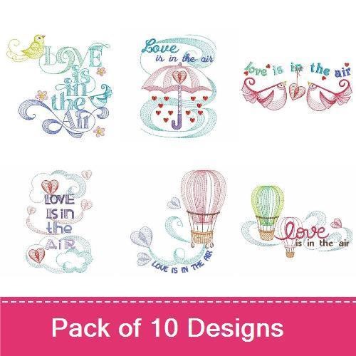 Love & Romance Embroidery Designs Bundle – Umbrella with Hearts, Hot Air Balloon with Love, & More (10 Designs)