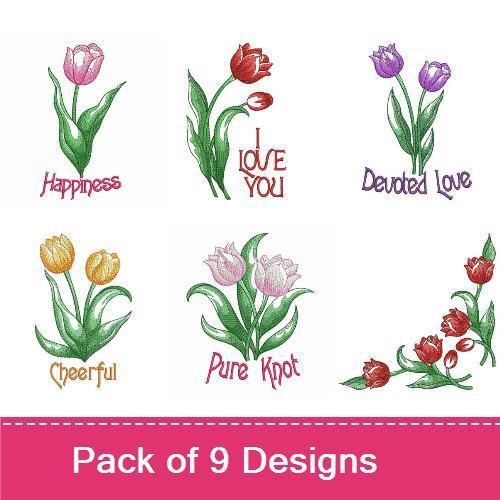 Tulips with Sentiments Embroidery Designs Bundle – Tulip with Happiness, Tulip with I Love You, Tulip Bouquet & More (9 Designs)