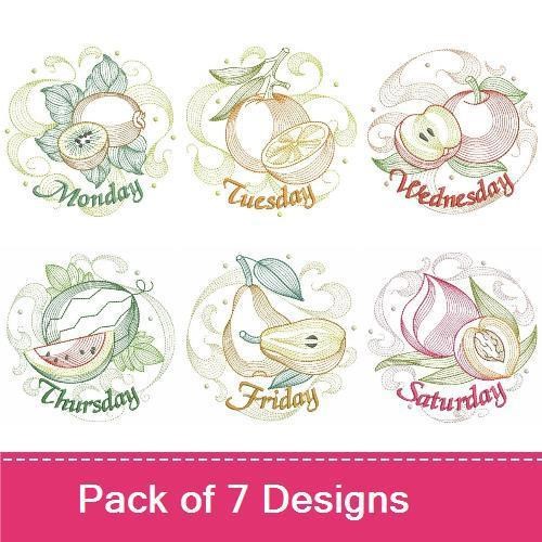 Fruity Days of the Week Embroidery Designs Bundle – Monday Pear, Wednesday Apple, Friday Strawberry & More (7 Designs)