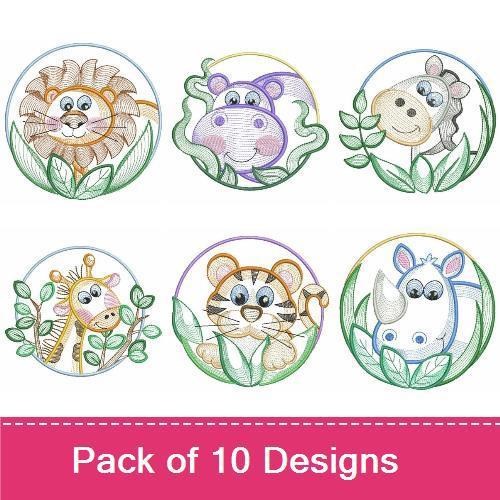 Rippled Cute Jungle Animals Embroidery Bundle – Lion, Hippo, Giraffe, Elephant & More (10 Designs)