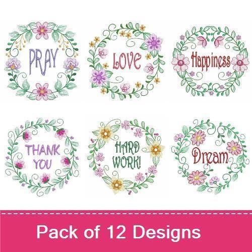 Floral Wreath Embroidery Designs Bundle – Be Thankful, With Love, Let It Be & More (12 Designs)