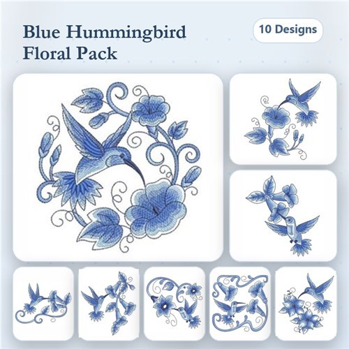 Delft Hummingbirds Embroidery Designs Bundle – Hummingbird with Flowers, Blue Floral Hummingbird, & More (10 Designs)