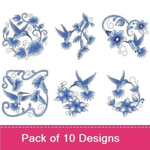 Delft Hummingbirds Embroidery Designs Bundle – Hummingbird with Flowers, Blue Floral Hummingbird, & More (10 Designs)