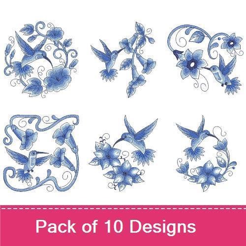 Delft Hummingbirds Embroidery Designs Bundle – Hummingbird with Flowers, Blue Floral Hummingbird, & More (10 Designs)