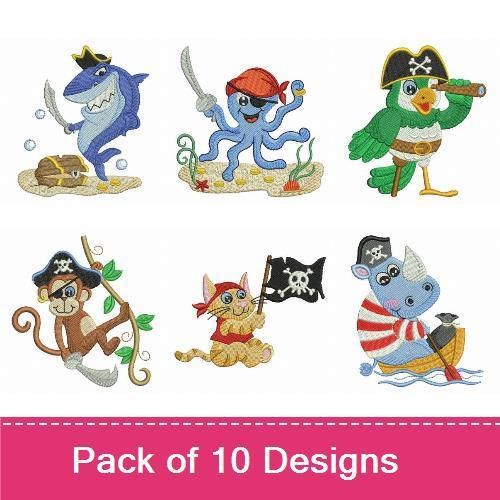 Cute Pirate Animals Embroidery Bundle – Adorable Designs (10 Designs)