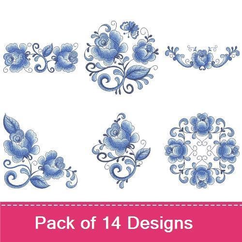 Floral Embroidery Designs Bundle – Large Blue Floral Arrangement, Single Blue Flower, Vase with Blue Flowers & More (14 Designs)