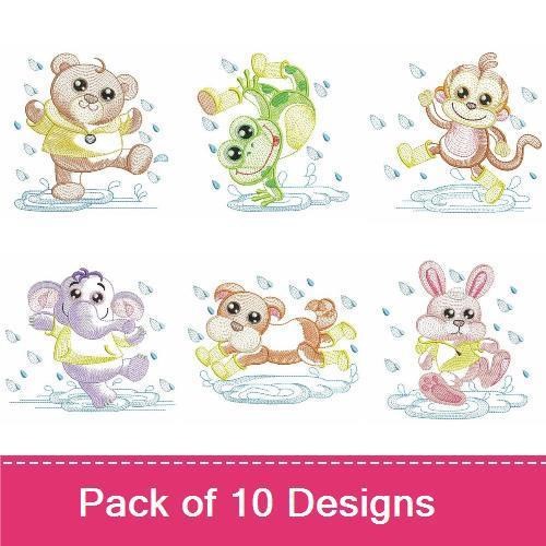 Cute Rainy Day Animals Embroidery Bundle – Adorable Designs (10 Designs)