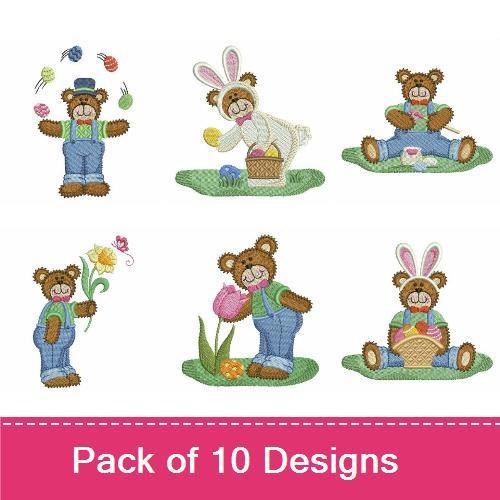 Teddy Bear Easter Embroidery Designs Bundle – Teddy Bear with Eggs, Teddy Bear with Basket, & More (10 Designs)
