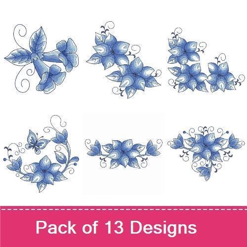 Floral Embroidery Bundle – Blue Floral Arrangement, Blue Flower Cluster, Elegant Blue Blossom & More (13 Designs)