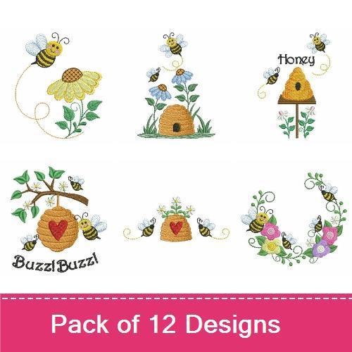 Bee & Flower Embroidery Designs Bundle – Bee with Flower, Just heard the Buzz, Bee Hive & More (12 Designs)