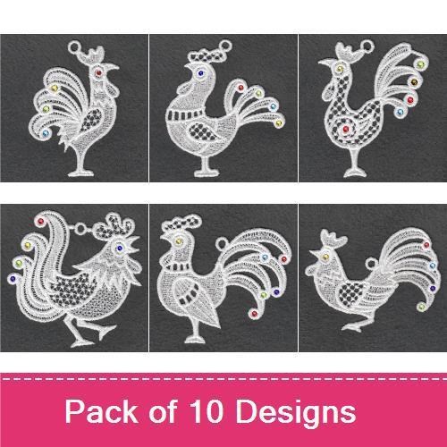 FSL Charming Roosters Embroidery Designs Bundle – Rooster with Colorful Accents, Decorative Rooster & More (10 Designs)