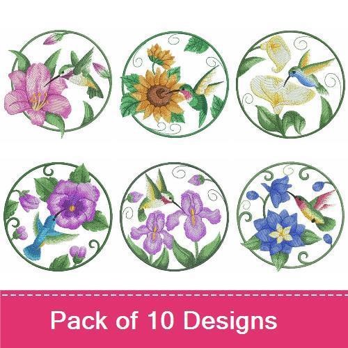 Hummingbird & Floral Embroidery Designs Bundle – Hummingbird and Red Flower, Pink Lily, Hummingbird and Blue Flower & More (10 Designs)