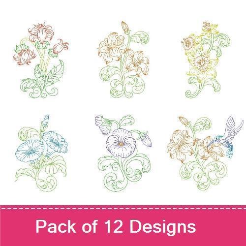 Redwork Floral and Butterfly Embroidery Designs Bundle – Hummingbird with Flowers, Colorful Butterfly, Delicate Flower Cluster & More (12 Designs)