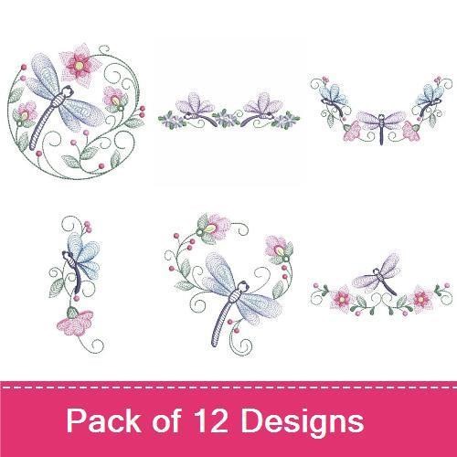 Rippled Dragonfly & Floral Embroidery Designs Bundle – Delicate Dragonfly, Floral Banner, Two Dragonflies & More (12 Designs)