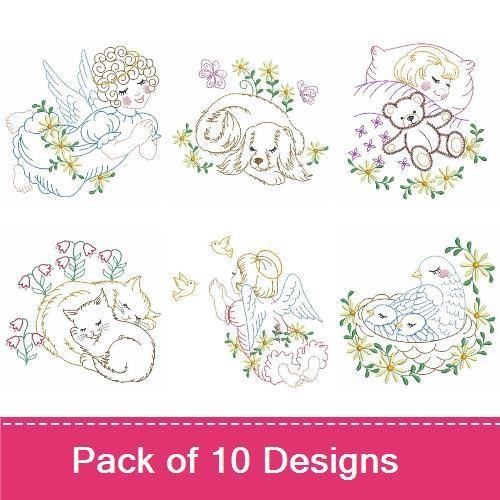 Redwork Angels & Sleeping Animals Embroidery Bundle – Sleeping Angel with Harp, Bunny in Basket, & More (10 Designs)