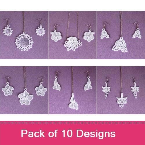 FSL Floral Jewelry Embroidery Bundle – Floral Earrings, Sunflower Charm, Lace Flower Pendant & More (10 Designs)