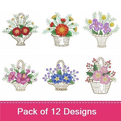 Floral Baskets Embroidery Designs Bundle – Red Flowers, Purple Flowers, Blue Flowers & More (12 Designs)