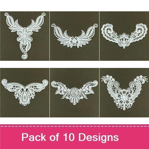 FSL Elegant White Lace Necklines Embroidery Designs Bundle – Floral Center, Curved, Scalloped & More (10 Designs)